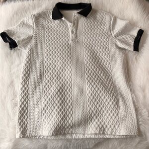 Textured White Polo with Black Collar and Cuffs